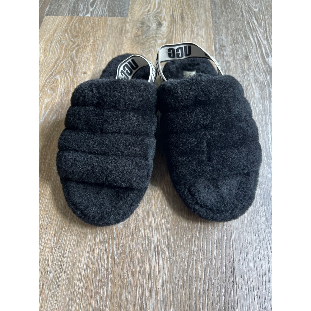 UGG Fluffita Slippers Womens 8 Black Sheepskin Platform Slides 1113470